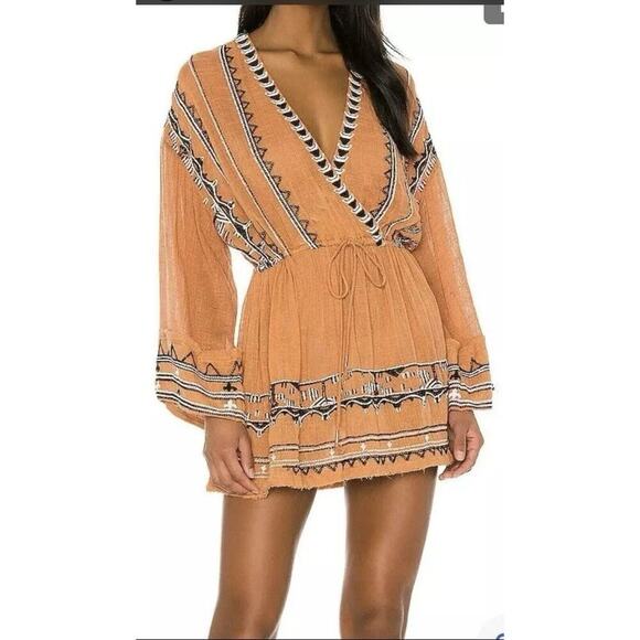 Free People Aztec Print Romper Size XS Brown Boho Festival Hippie Plunge Neck - Picture 2 of 12